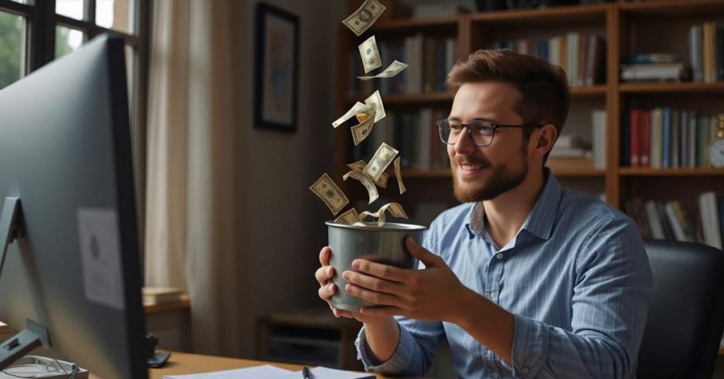 a man in front of a computer screen holding a bucket to catch banknotes