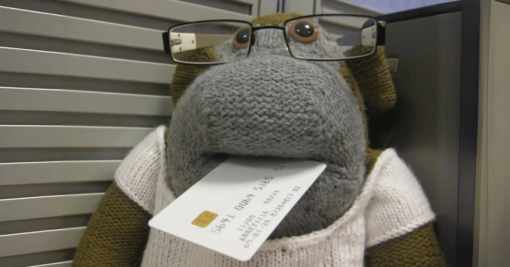 The Payment Monkey wearing glasses and holding a white test payment card in his mouth.