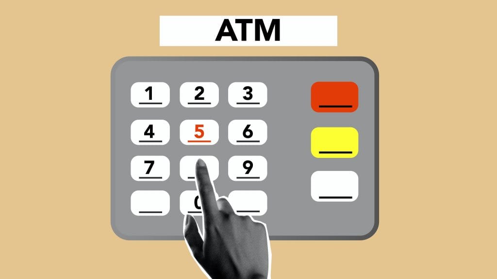 A stylised ATM keypad with approaching finger