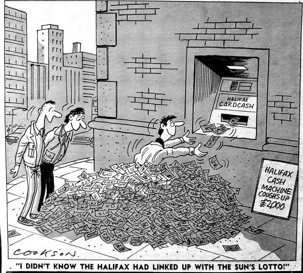 a halifax ATM dispensing a pile of cash on the ground