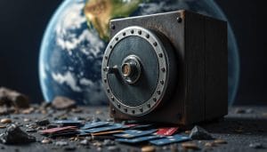 a safe on what must be the moon with the Earth in the background, surrounded by payment cards