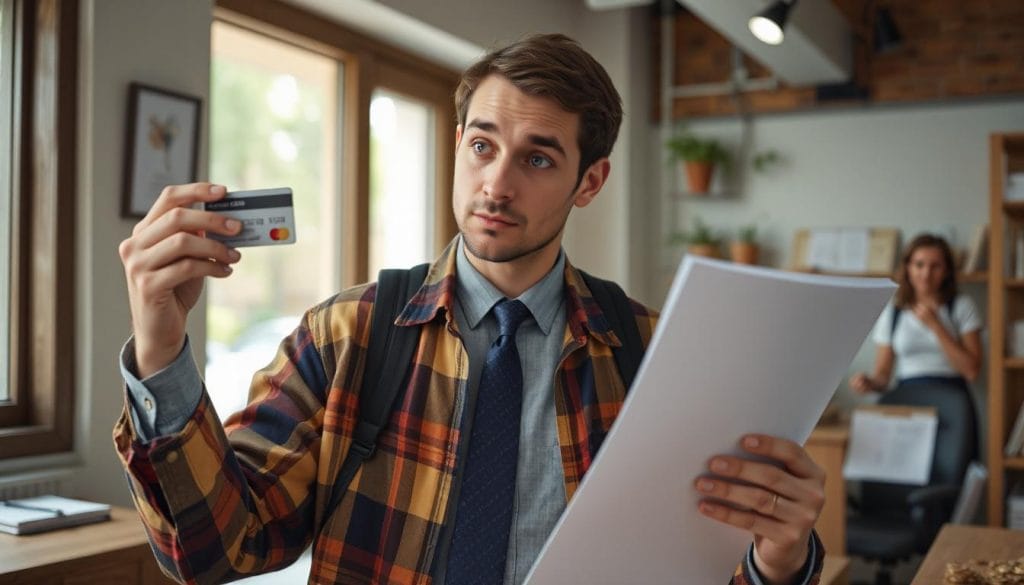 a man looking confused, holding a card in one hand and a piece of paper in the other.