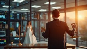 A man in a suit holding the scales of justice in one hand and a bunch of debit cards in the other looking into the distance where there is a bride waiting against a backdrop of technology