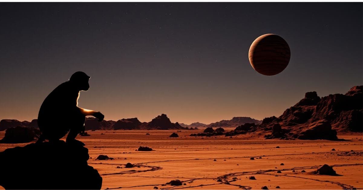 a rocky red planet landscape showing a night sky and a moon, with an ape in silhouette, looking at the moon.