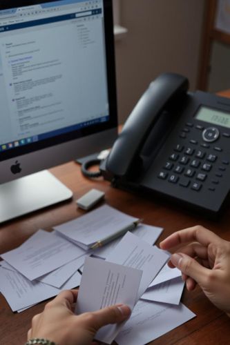 Desk with telephone and mail, with hands holding a letter