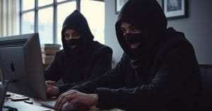 Two bandits in dark clothes and masks looking at a computer and counting money