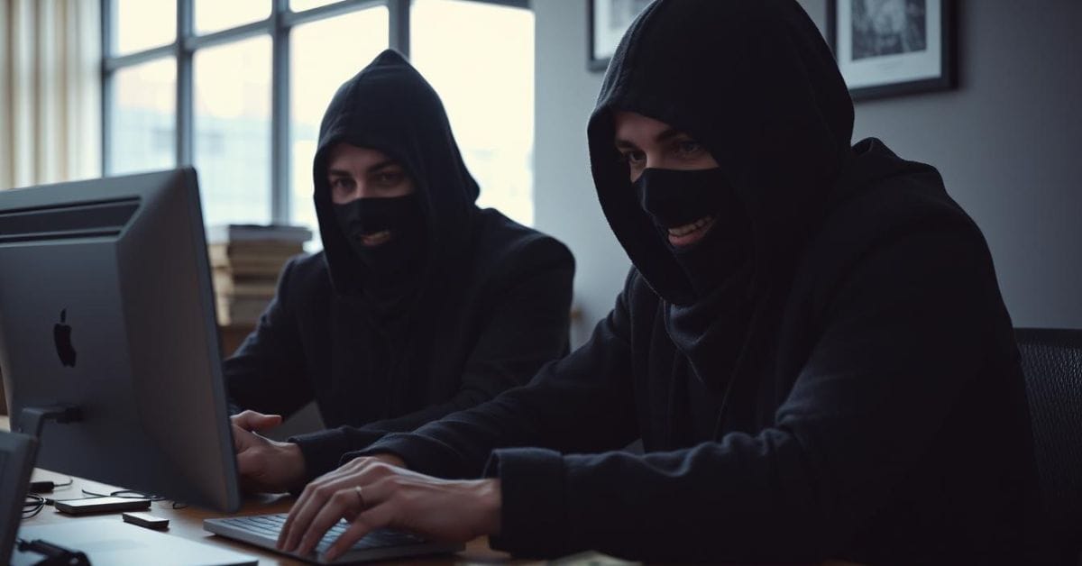Two bandits in dark clothes and masks looking at a computer and counting money