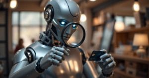A robot looking at a debit card through a magnifying glass.