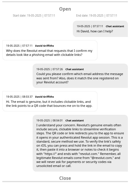 Response to phishing question from Revolut bot.