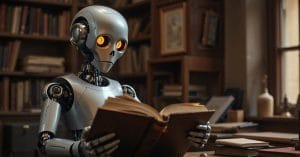 A robot in a library studying an old book