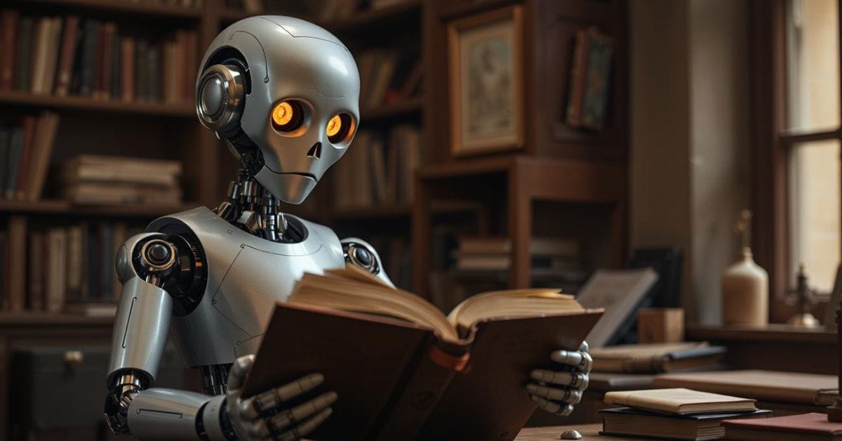 A robot in a library studying an old book
