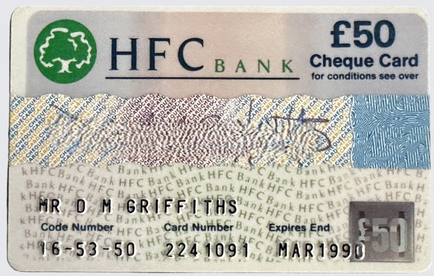 An HFC cheque guarantee card from the 1980s.
