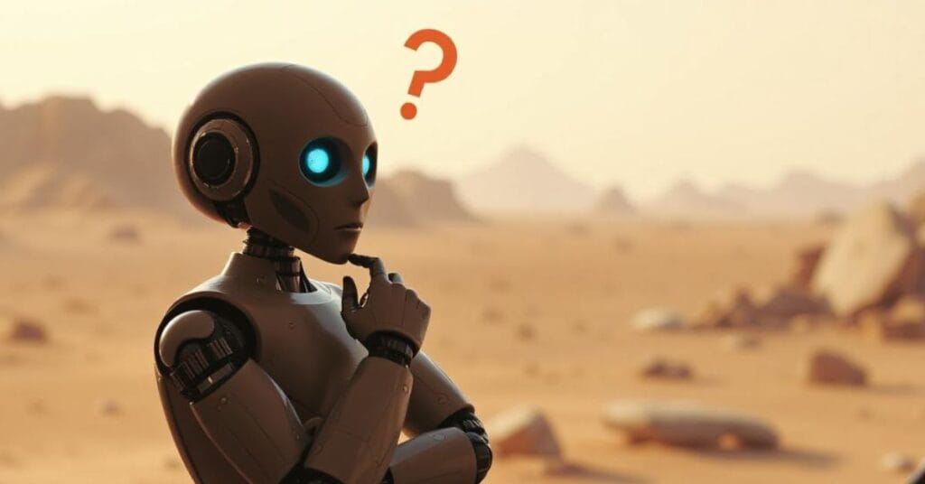 a robot scratching his chin and looking confused against a martian landscape