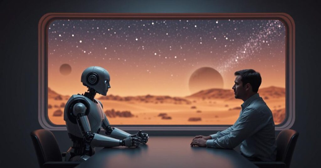 A robot and a human having a chat across a table with a martian landscape in the background.