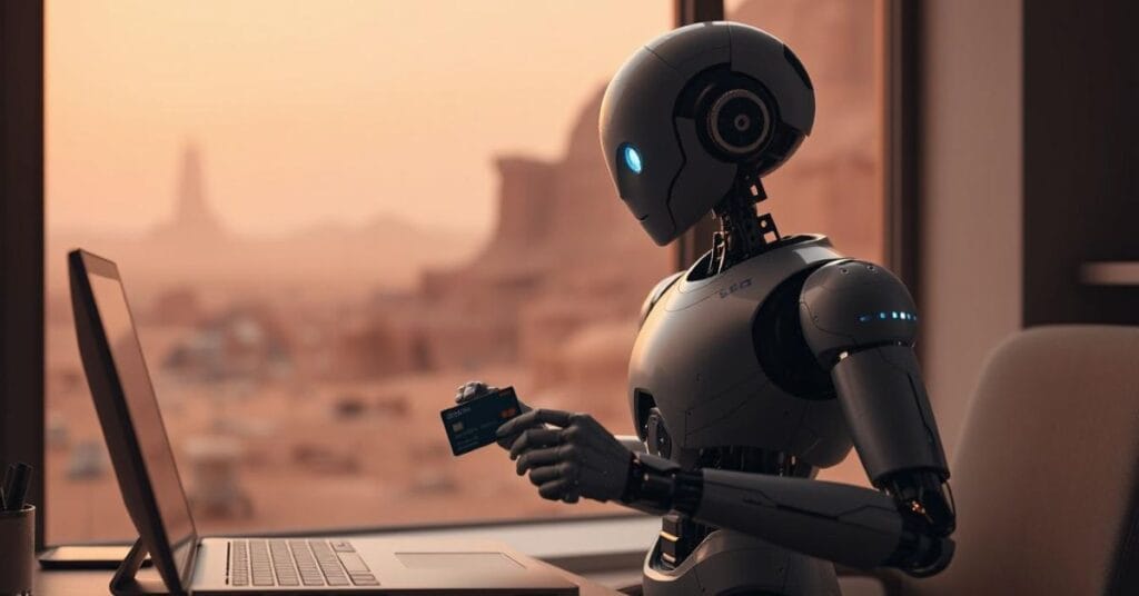 a robot holding a payment card, looking at a PC, in front of a window looking out over a martian landscape