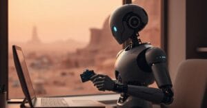a robot holding a payment card, looking at a PC, in front of a window looking out over a martian landscape