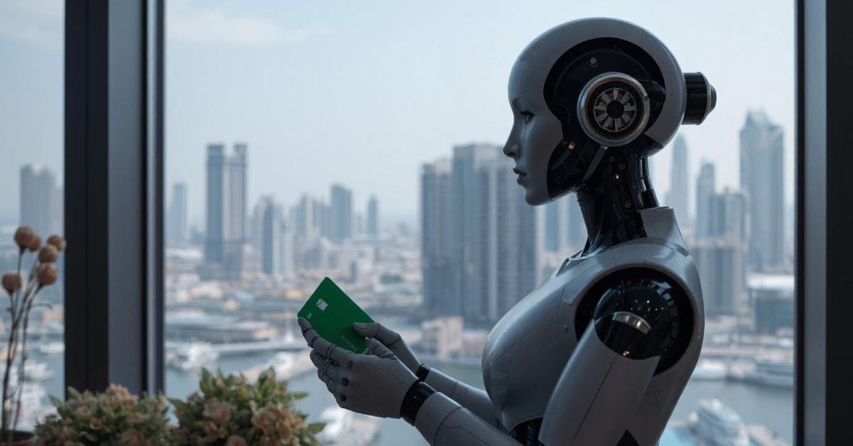 lady robot with a green card looking out over Dubai