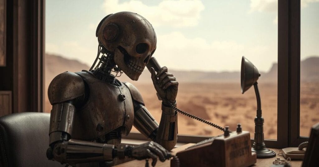 a robot that has seen better days, on an old phone