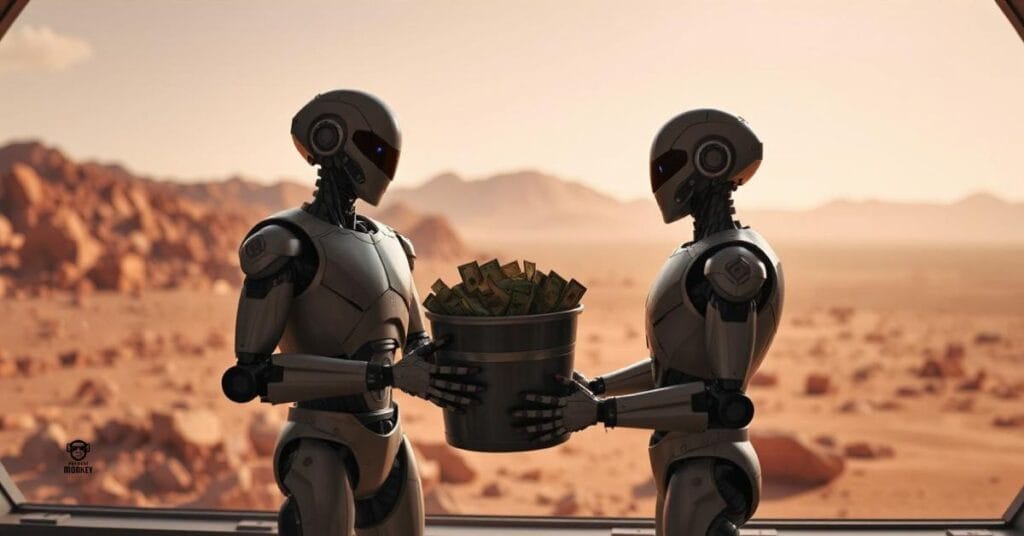 2 robots standing in front of a window, holding a bucket of money