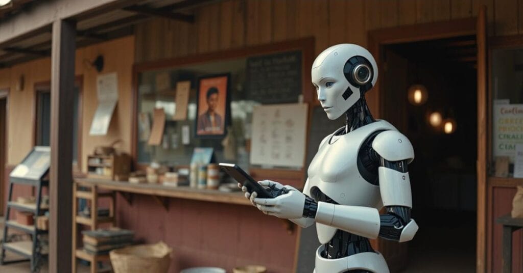 a robot standing outside an M-Pesa agent shop