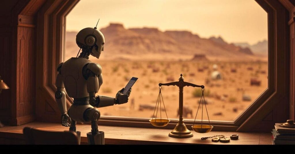 a robot standing in front of a window looking out over an alien landscape, holding a payment card with a weighing scale on the windowsill