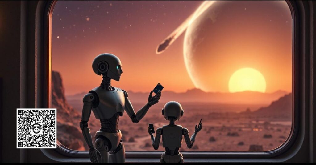 two robots looking across a martian landscape at a comet, one holding a card and one holding a phone