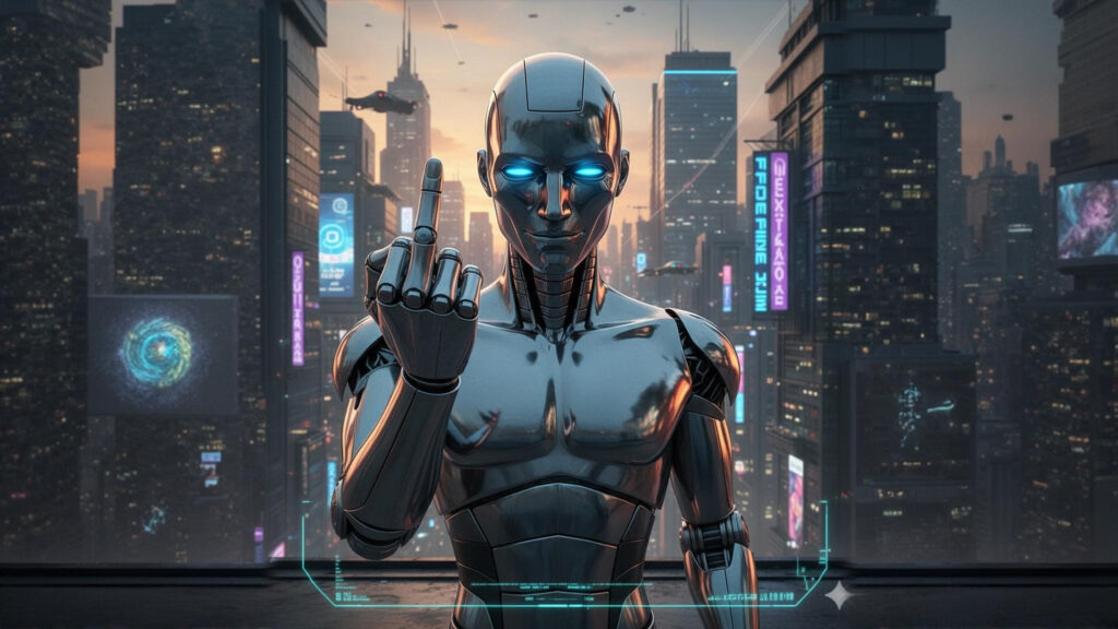 a robot in the city giving the third finger gesture