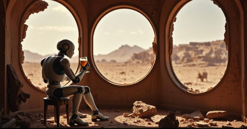 A robot drinking a beer, looking out over a martian landscape from a building that has seen better days.