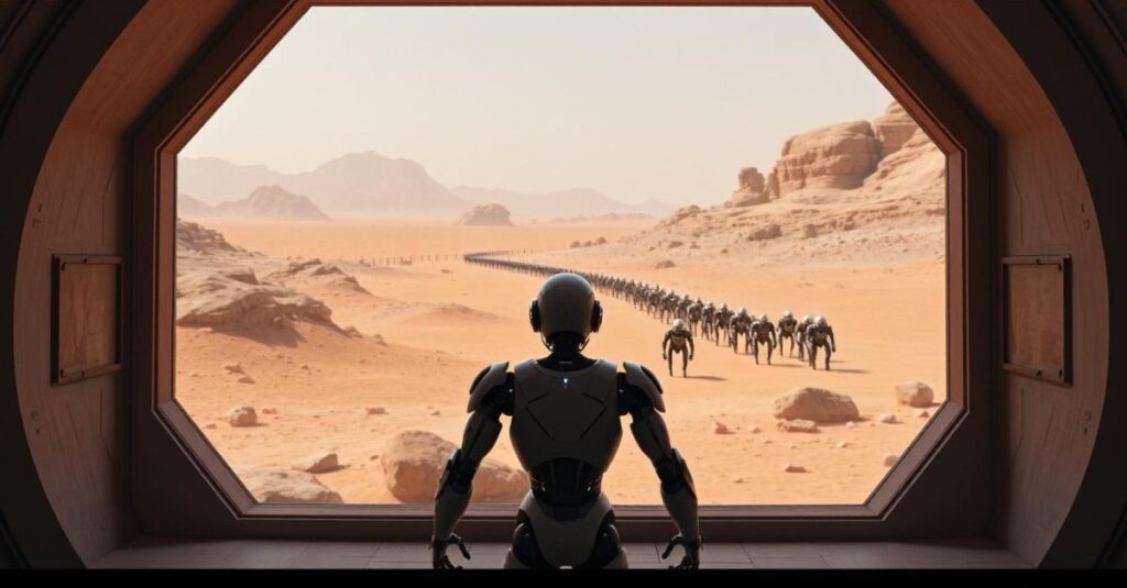 A robot looking out across a Martian landscape with an army of robots approaching in double file.
