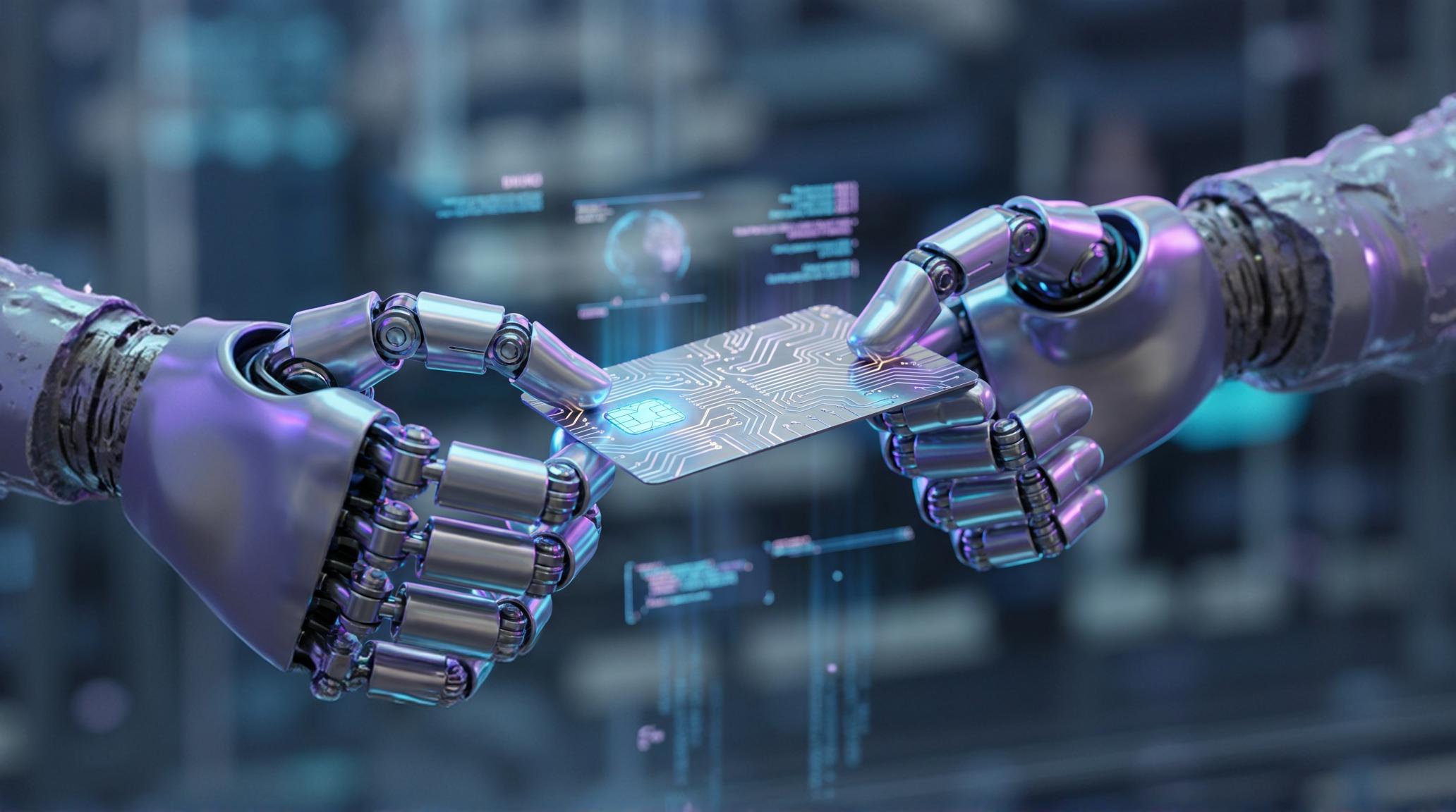 two robots handing a card from one to the other