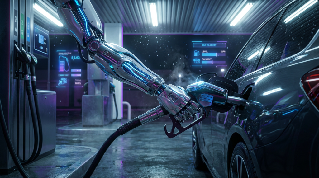 A robot arm filing a fuel tank at a service station.